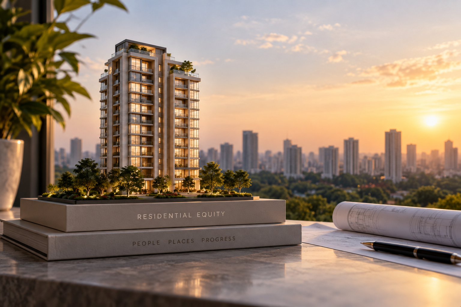 Residential equity development model overlooking a city skyline